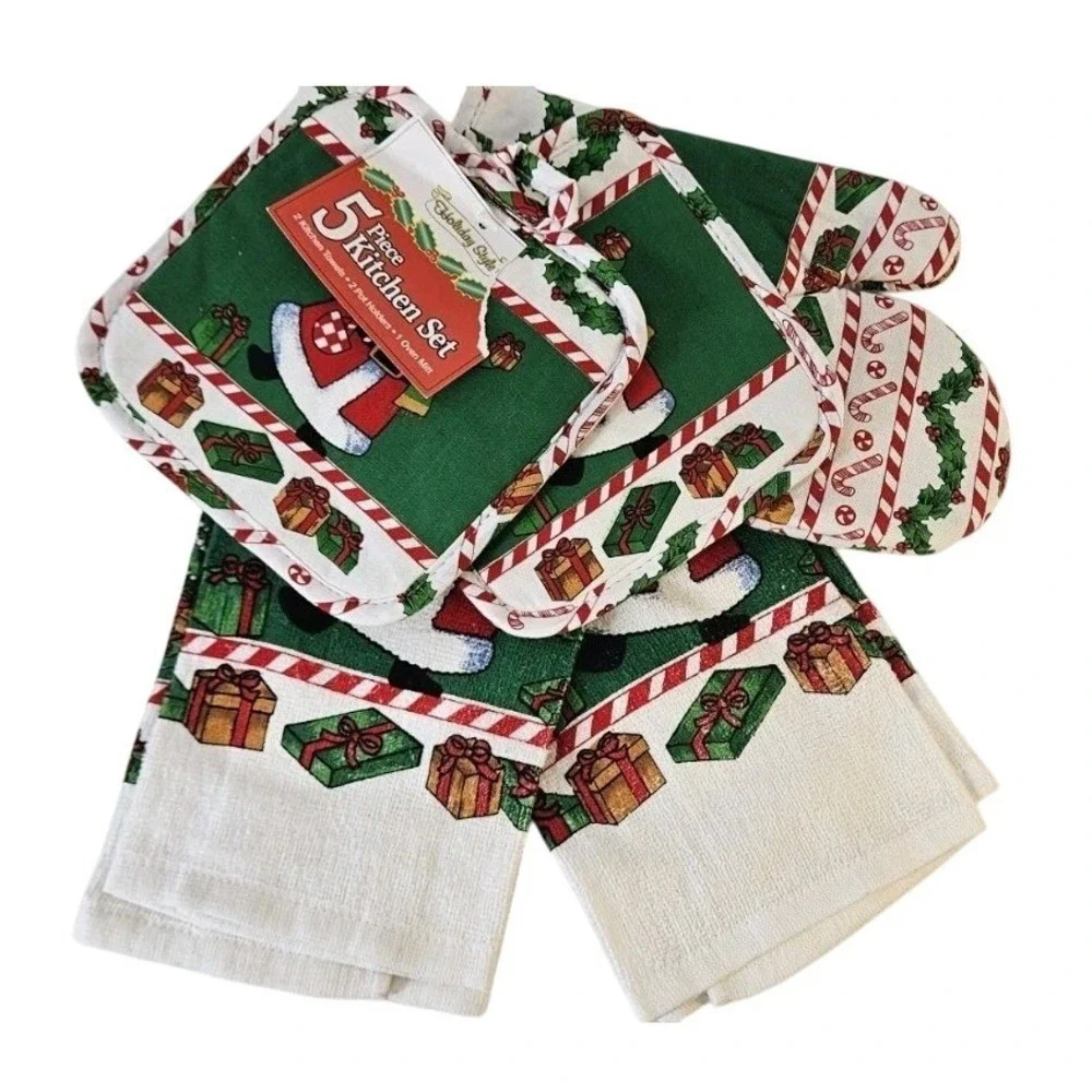 New‎ NWT Christmas Santa Themed Kitchen Oven Mitt Towel Pot Holders 5 Pc Cotton